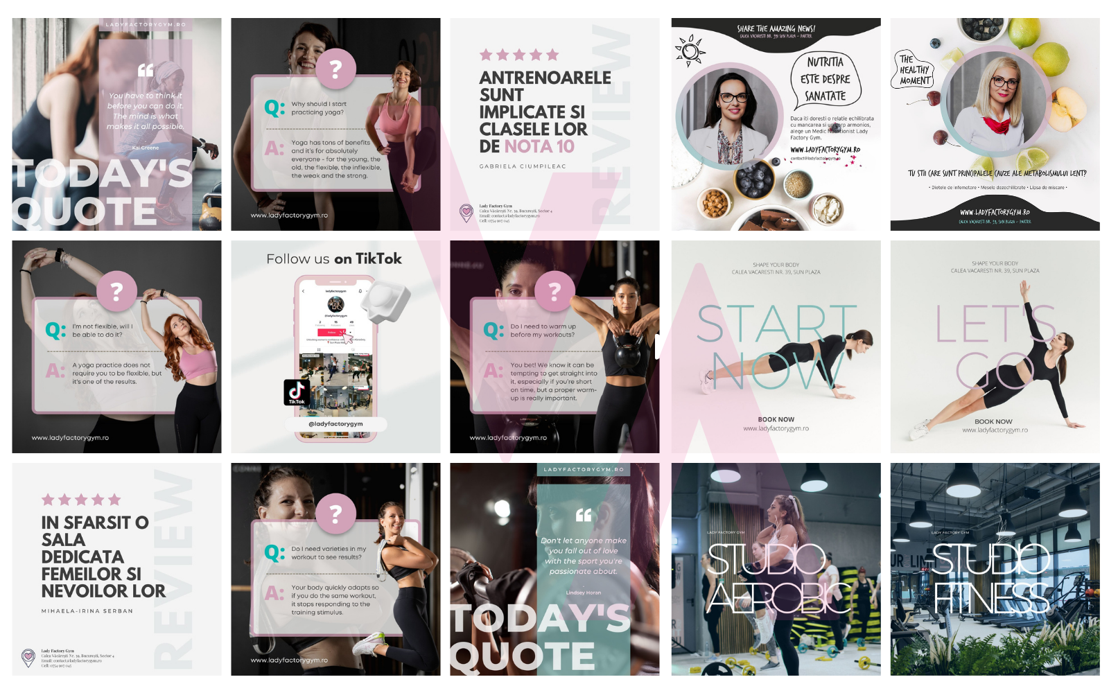 Collage of social media posts created by Verity for Lady Factory Gym